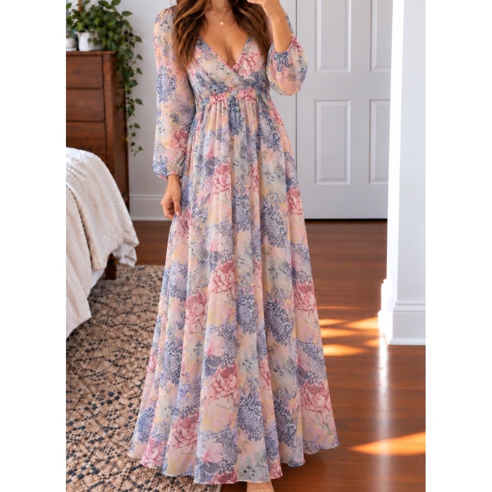 Phax Floral Sheer Dress S Maxi Long Sleeve Feminine Fairy Romantic Swim Cover